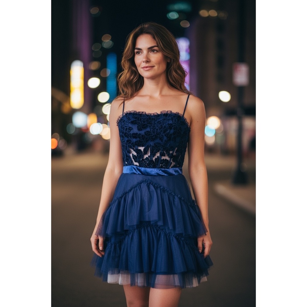 City Studio Junior Sz 5P Navy Floral Velvet Lace Tulle Ruffle Party Dress